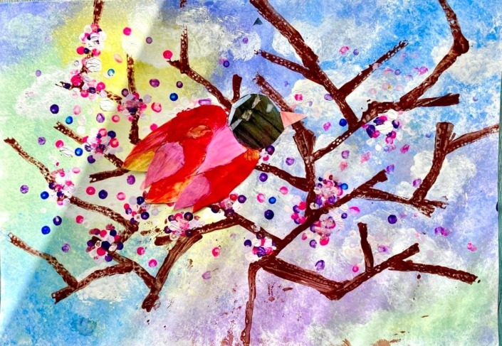 Mixed media bird in blossom tree – collage and printing from age 4-8 classes Mixed media bird in blossom tree – collage and printing from age 4-8 classes